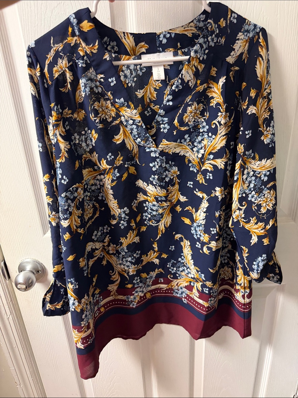 Maternity V-Neck Floral Border Tunic Top - Navy / Yellow